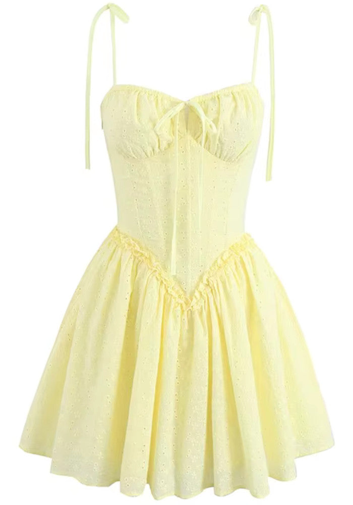 Broderie Corset Detail Skater Dress Yellow