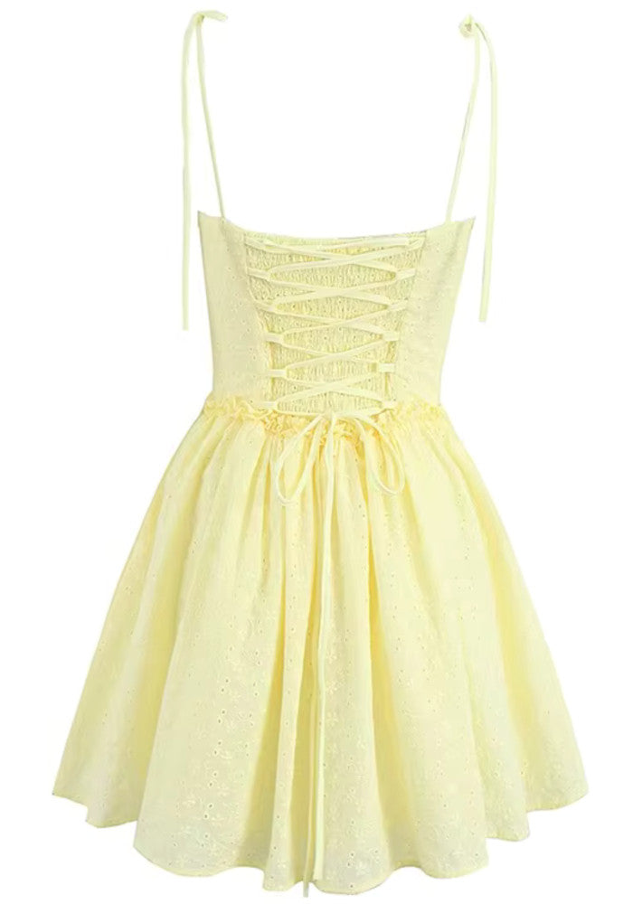 Broderie Corset Detail Skater Dress Yellow