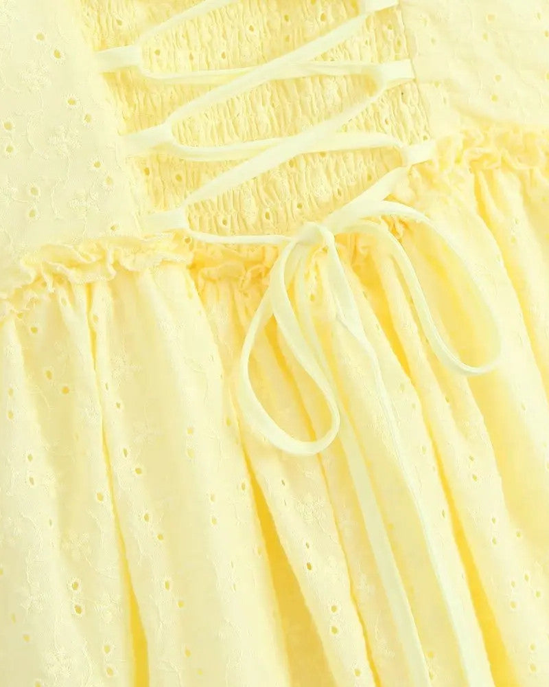 Broderie Corset Detail Skater Dress Yellow