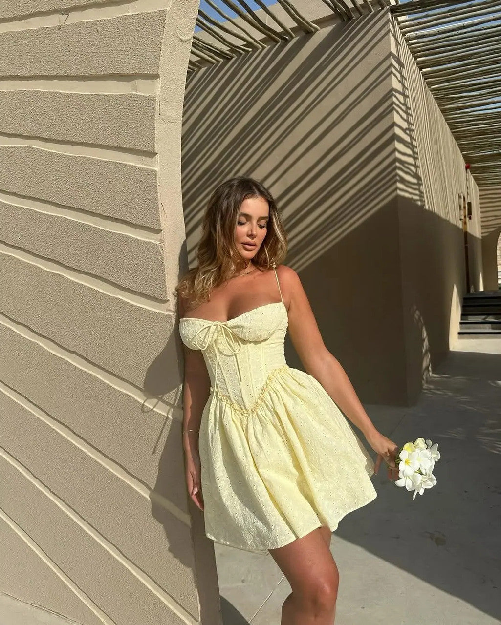 Broderie Corset Detail Skater Dress Yellow