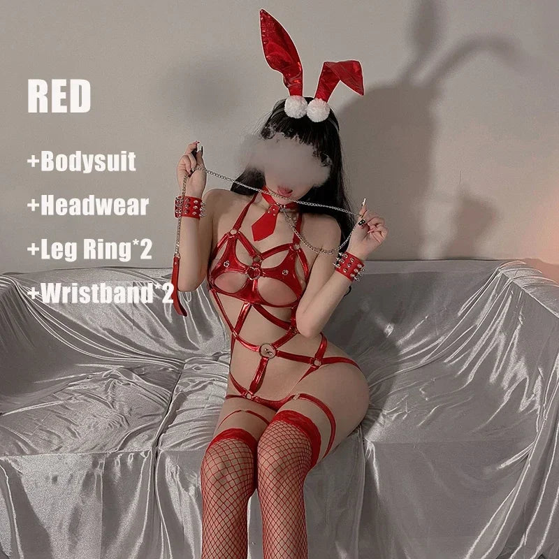 Bunny Girl Cosplay Costumes Bdsm PU Leather Bondage Hollow Out Bodysuit with Headband Erotic Lingerie Uni