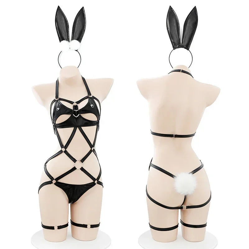 Bunny Girl Cosplay Costumes Bdsm PU Leather Bondage Hollow Out Bodysuit with Headband Erotic Lingerie Uni