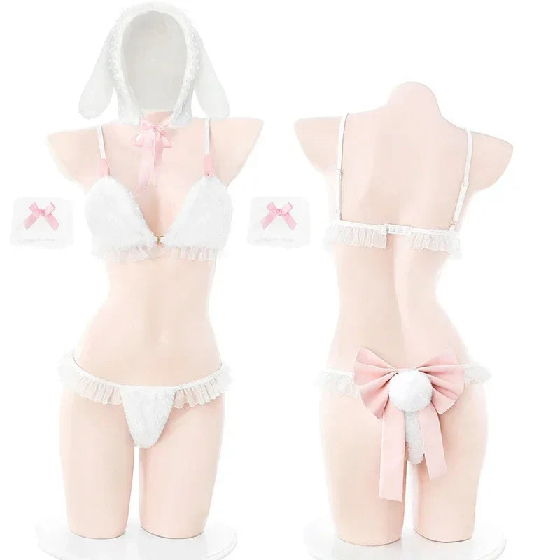 Bunny Girl Cosplay Sweater Underwear Lingerie White Plush Rabbit Ear Bra and Panties Suit Exotic Outfits Costumes