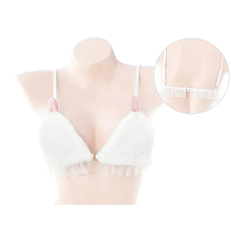 Bunny Girl Cosplay Sweater Underwear Lingerie White Plush Rabbit Ear Bra and Panties Suit Exotic Outfits Costumes