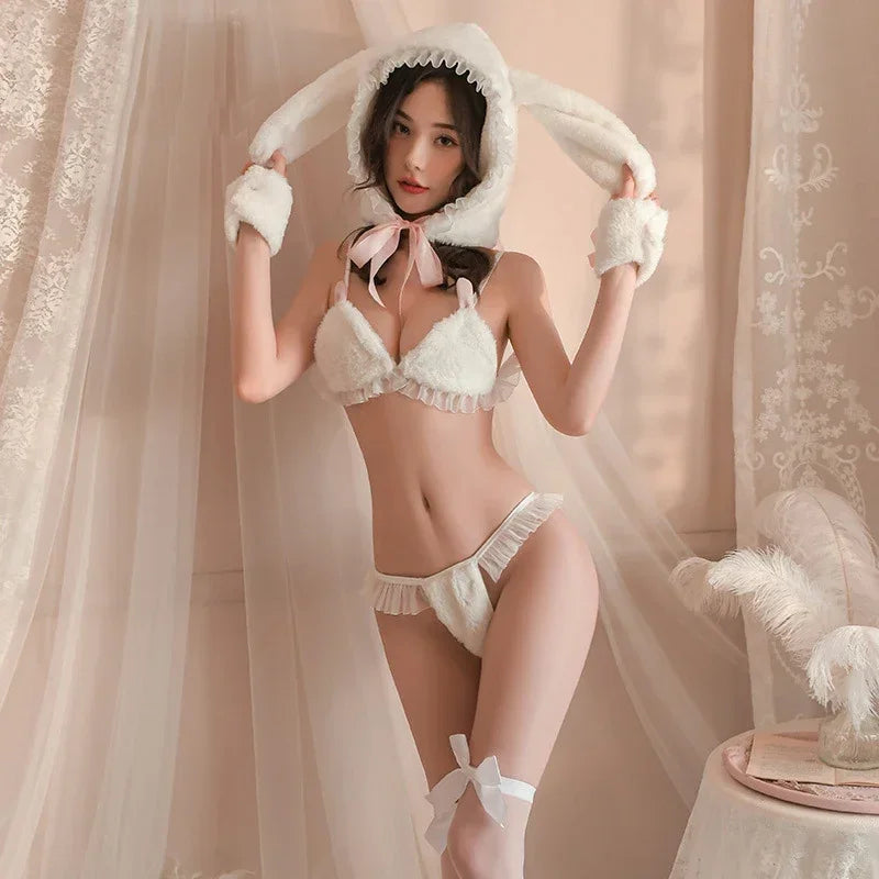 Bunny Girl Cosplay Sweater Underwear Lingerie White Plush Rabbit Ear Bra and Panties Suit Exotic Outfits Costumes