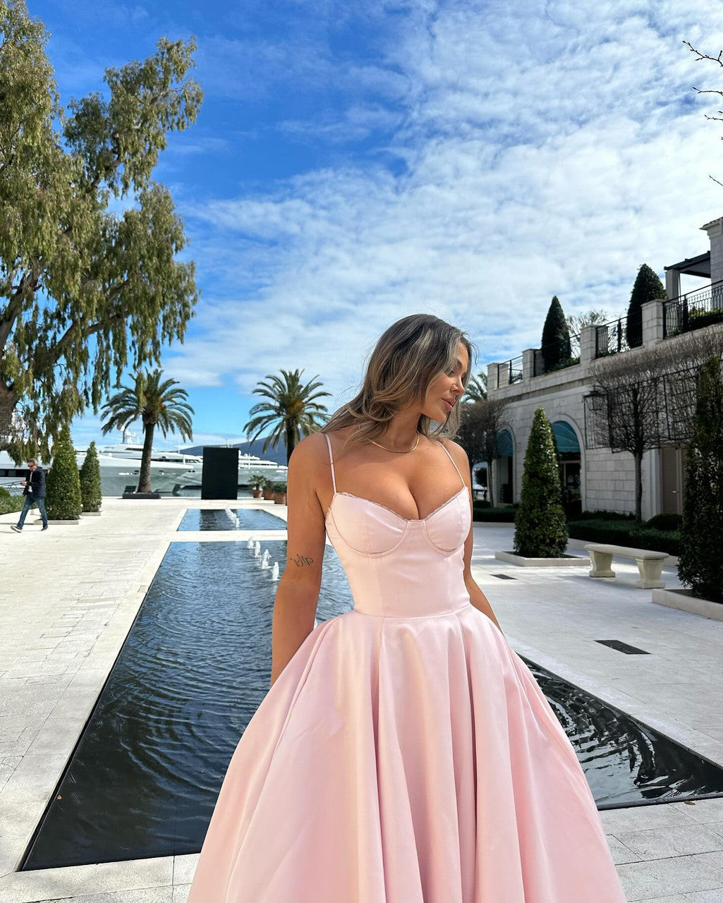 Bustier A Line Mesh Detail Midi Dress Pink
