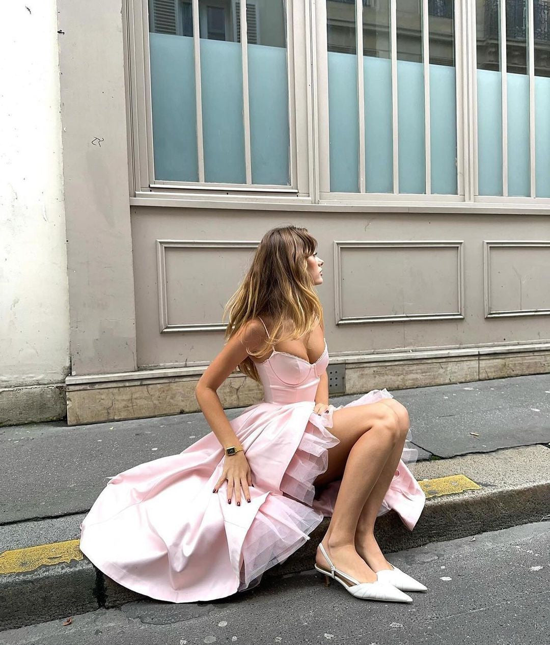 Bustier A Line Mesh Detail Midi Dress Pink