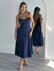 Bustier Corset A Line Midi Dress Navy Blue