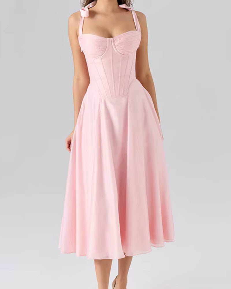 Bustier Corset A Line Midi Dress Pink