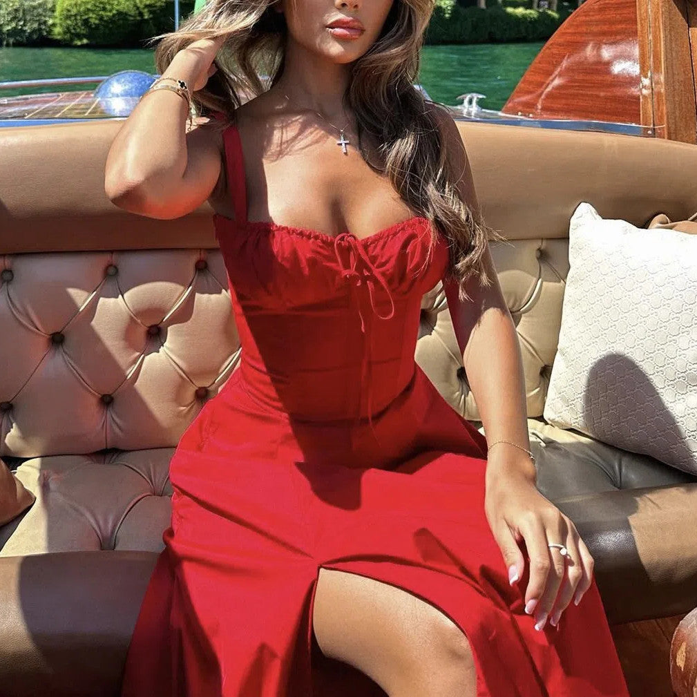 Bustier Corset A Line Midi Dress Red