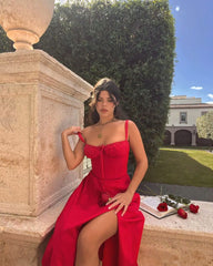 Bustier Corset A Line Midi Dress Red