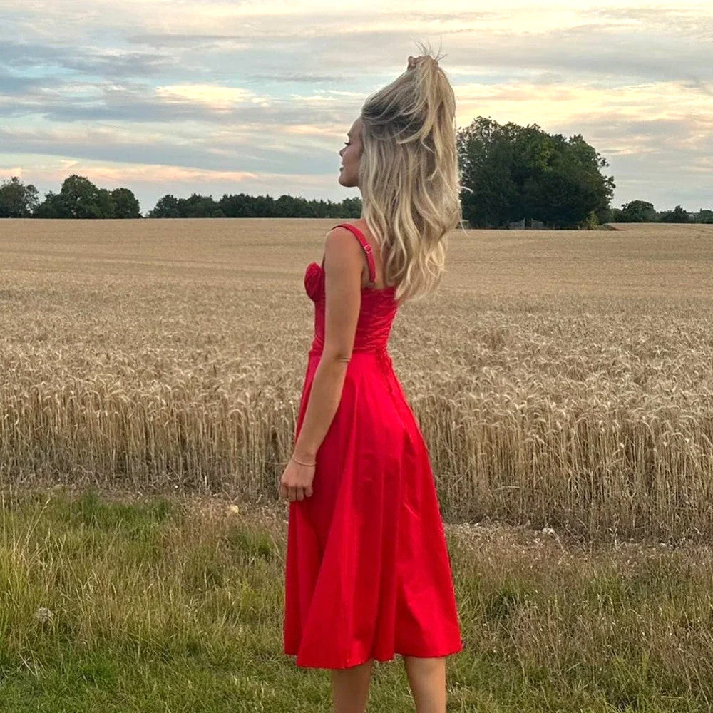 Bustier Corset A Line Midi Dress Red