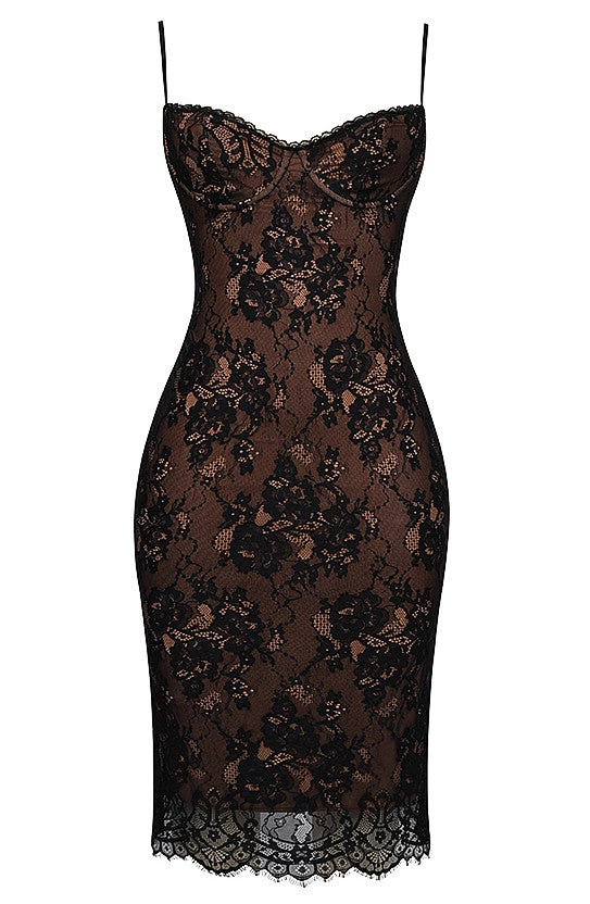 Scalloped Lace Bustier Midi Dress Black
