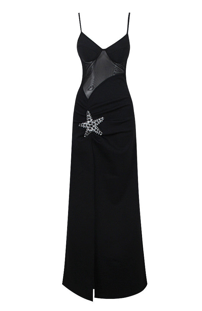 Bustier Rhinestone Star Maxi Dress Black