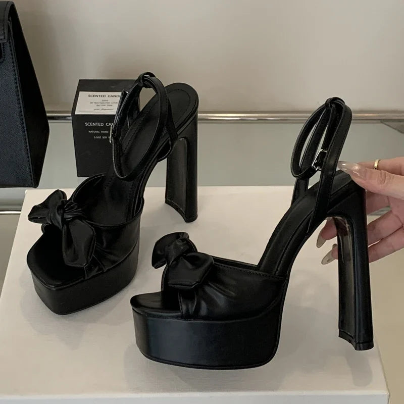 Butterfly-knot Buckle Strap Square Toe Platform High Heels Sandals