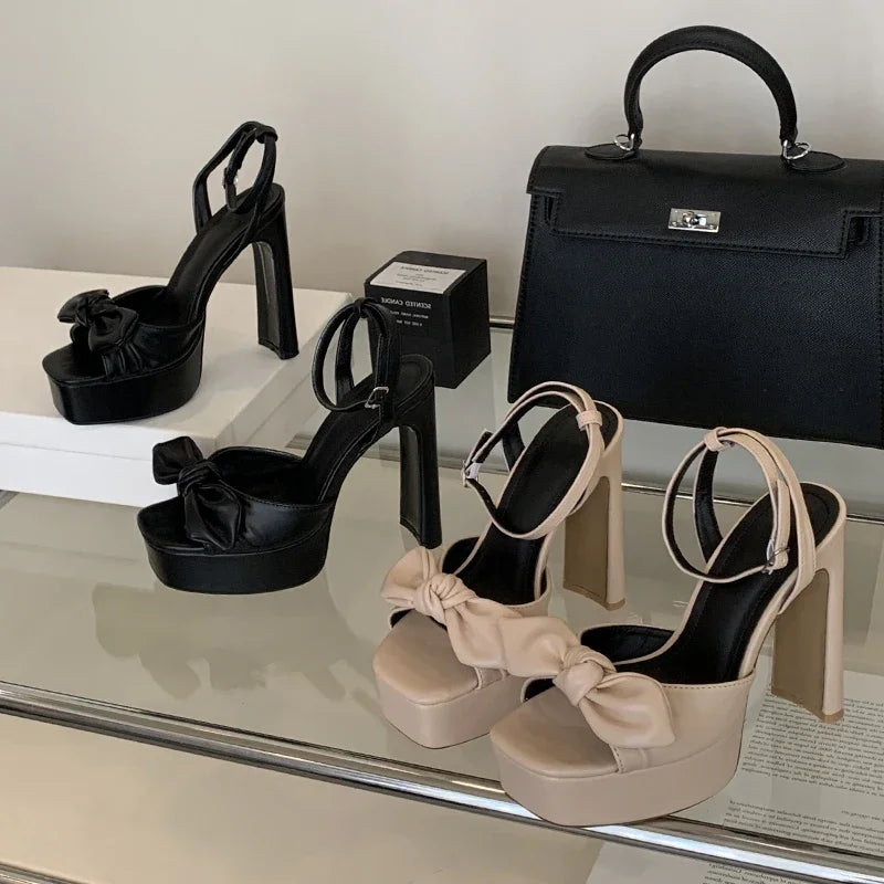Butterfly-knot Buckle Strap Square Toe Platform High Heels Sandals