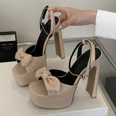 Butterfly-knot Buckle Strap Square Toe Platform High Heels Sandals