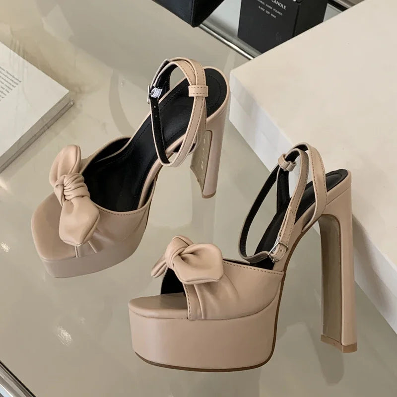 Butterfly-knot Buckle Strap Square Toe Platform High Heels Sandals