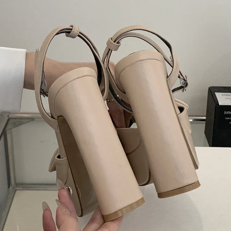 Butterfly-knot Buckle Strap Square Toe Platform High Heels Sandals