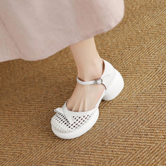 Butterfly-knot Straw Weaving Round Toe Thick Bottom Breathable Sandals