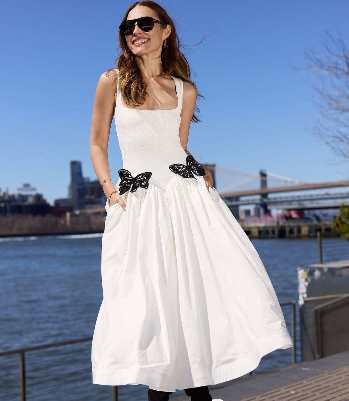 Butterfly Detail A Line Midi Dress White