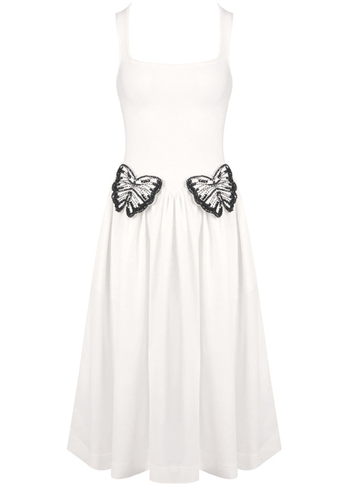 Butterfly Detail A Line Midi Dress White