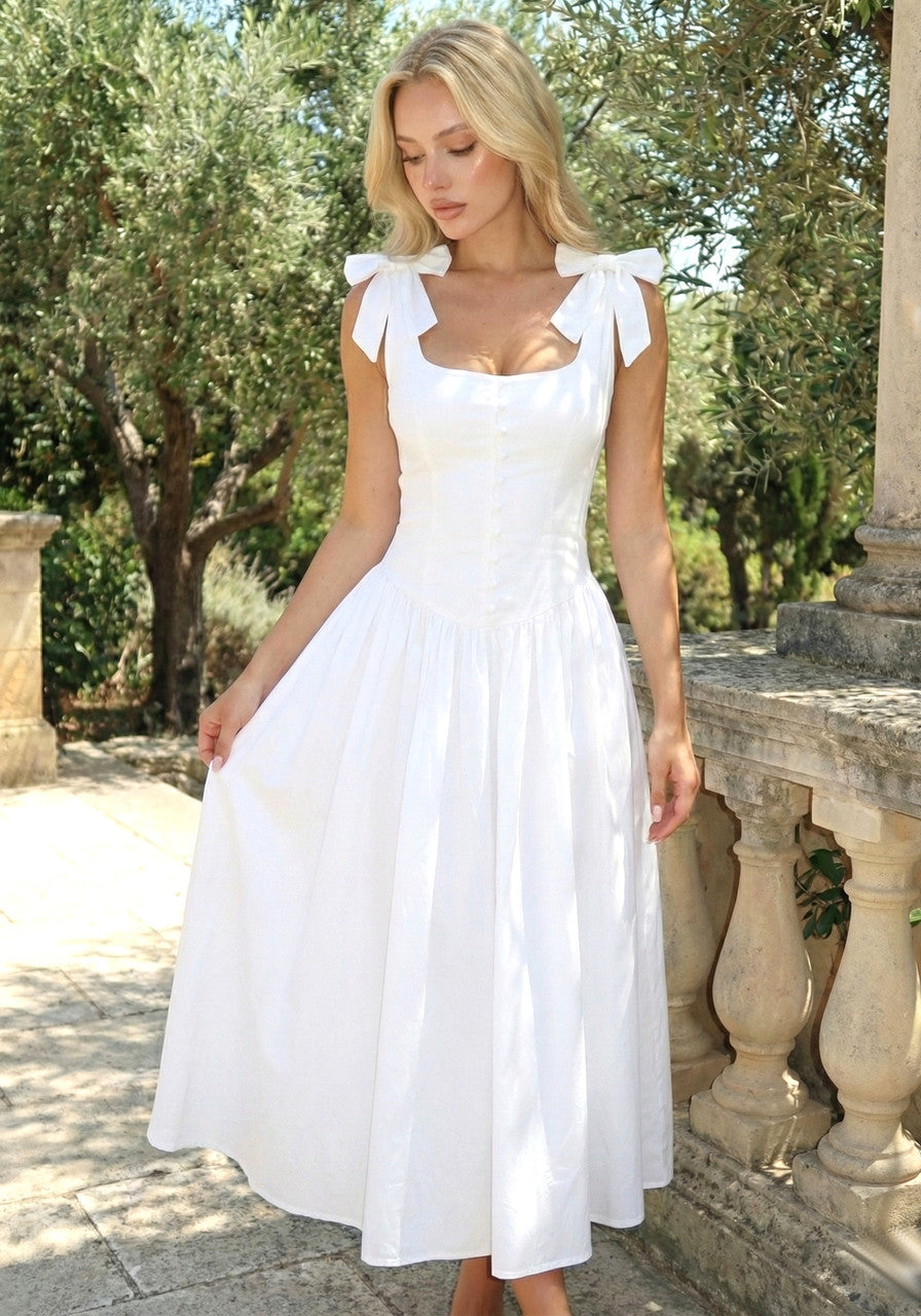 Bow Detail Button A Line Midi Dress White