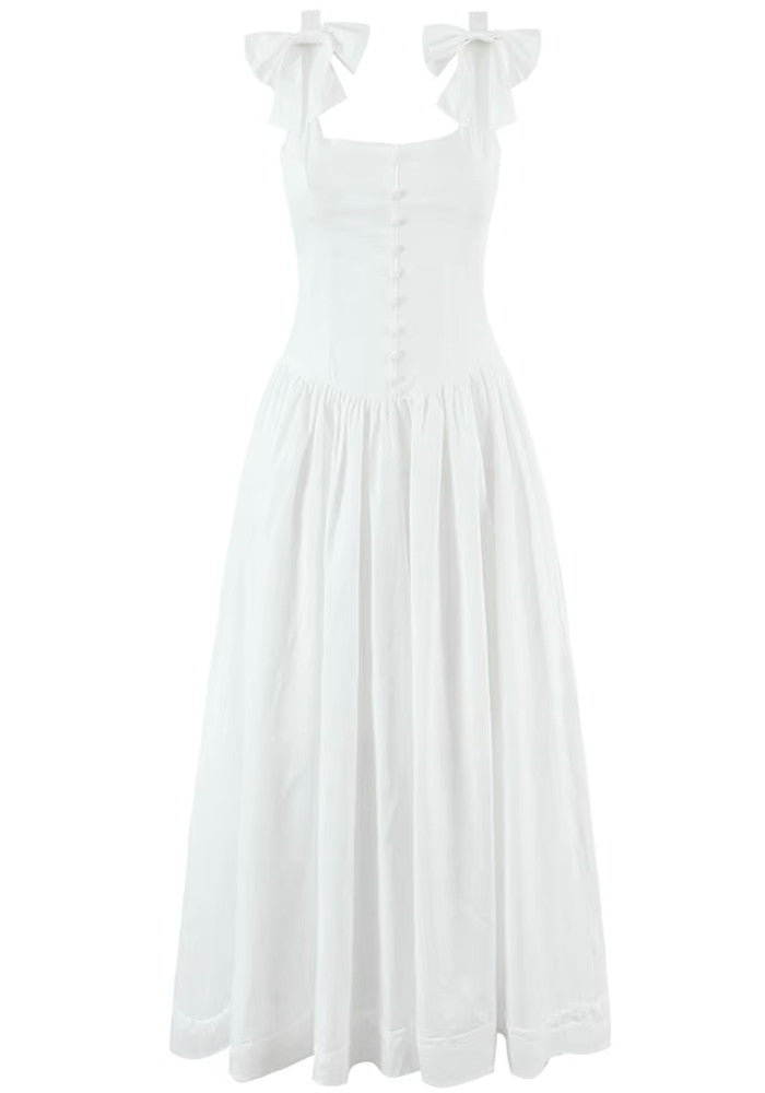 Bow Detail Button A Line Midi Dress White