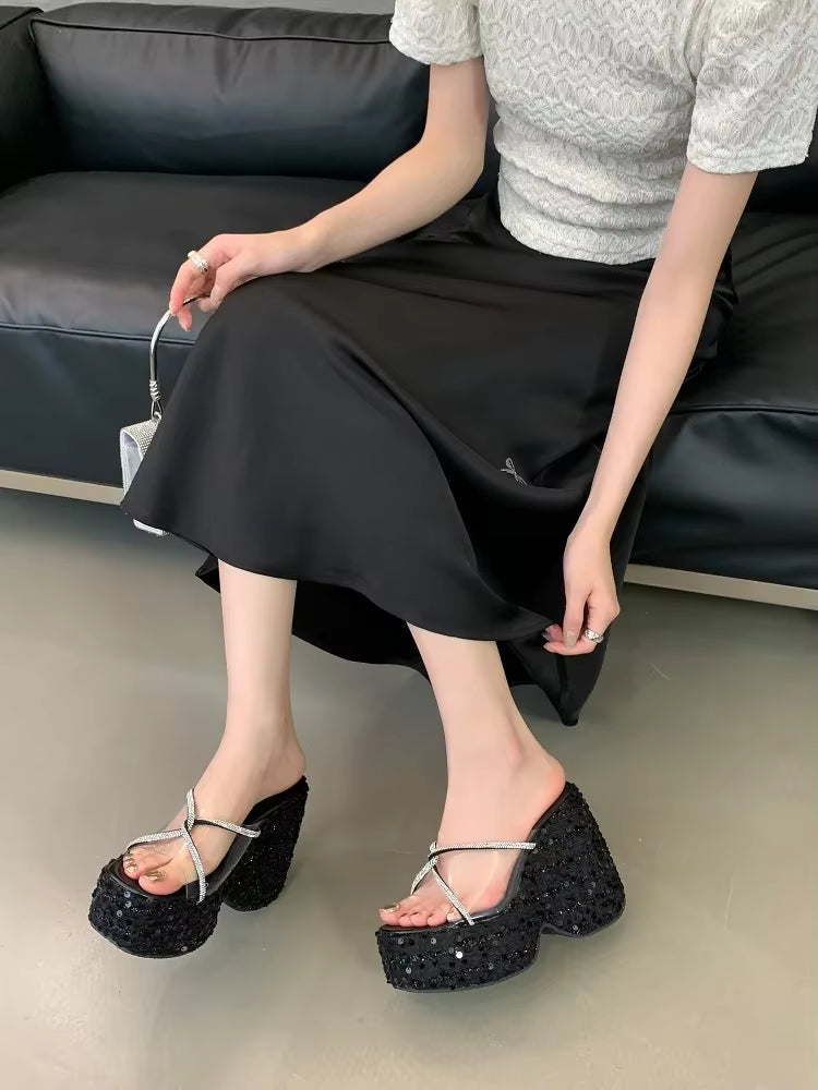 CRYSTAL Sequin Cloth PVC Transparen Wedges High Heels Elegant Banquet Shoes