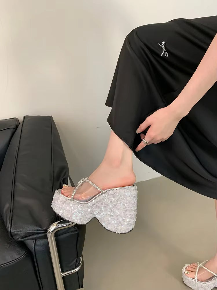 CRYSTAL Sequin Cloth PVC Transparen Wedges High Heels Elegant Banquet Shoes