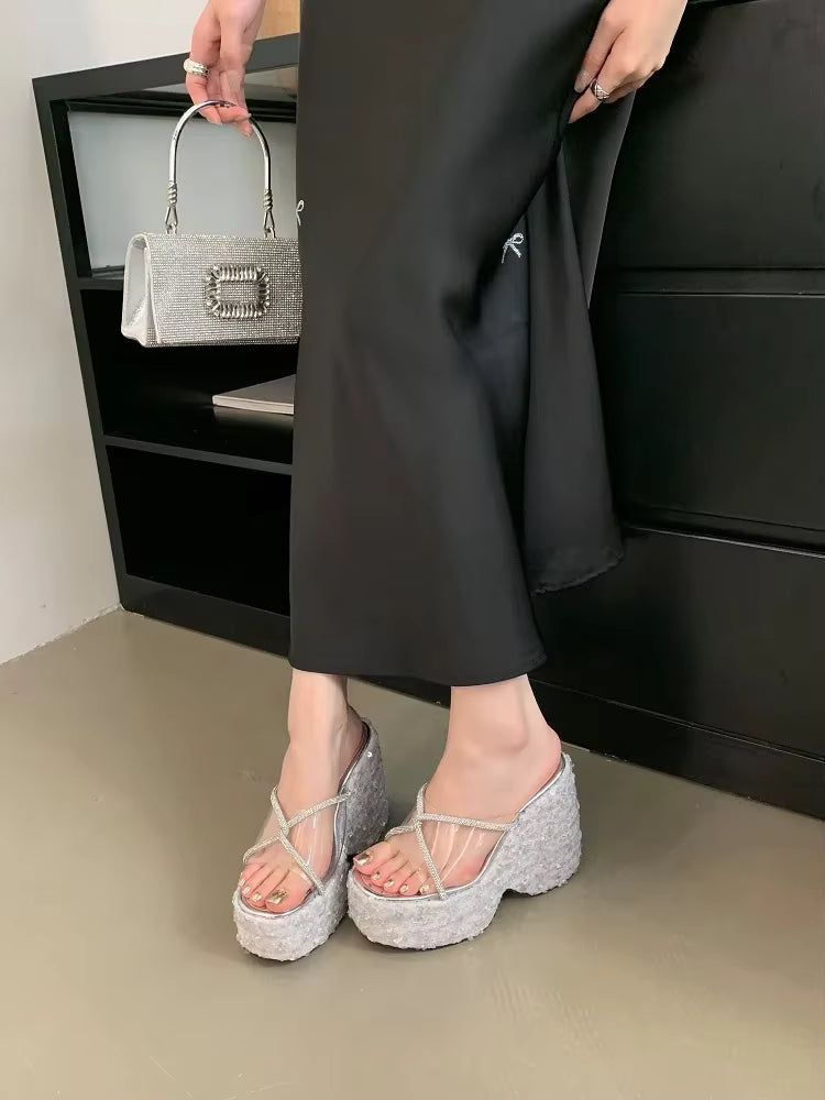 CRYSTAL Sequin Cloth PVC Transparen Wedges High Heels Elegant Banquet Shoes
