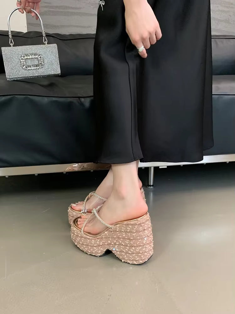 CRYSTAL Sequin Cloth PVC Transparen Wedges High Heels Elegant Banquet Shoes