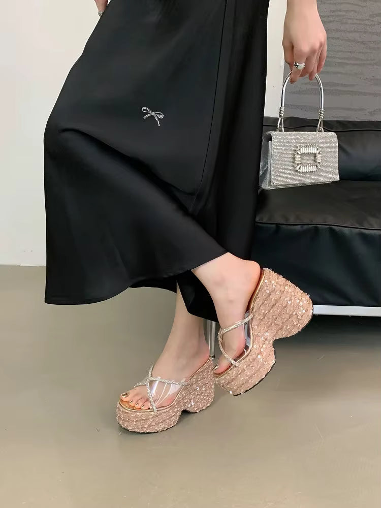 CRYSTAL Sequin Cloth PVC Transparen Wedges High Heels Elegant Banquet Shoes