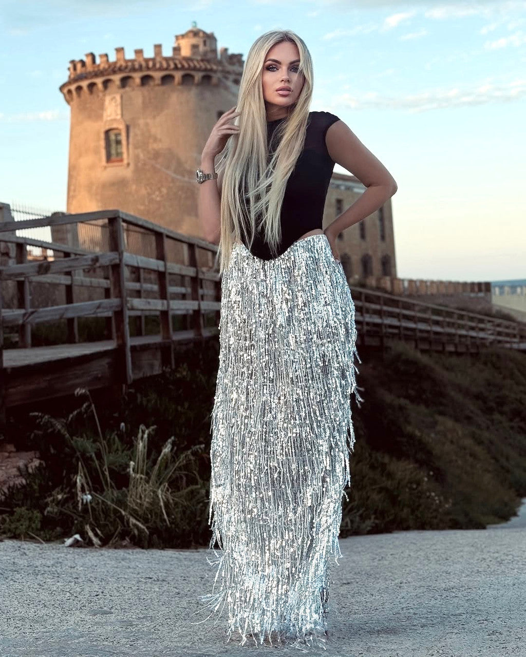 Cap Sleeve Corset Two Piece Maxi Dress Black Silver