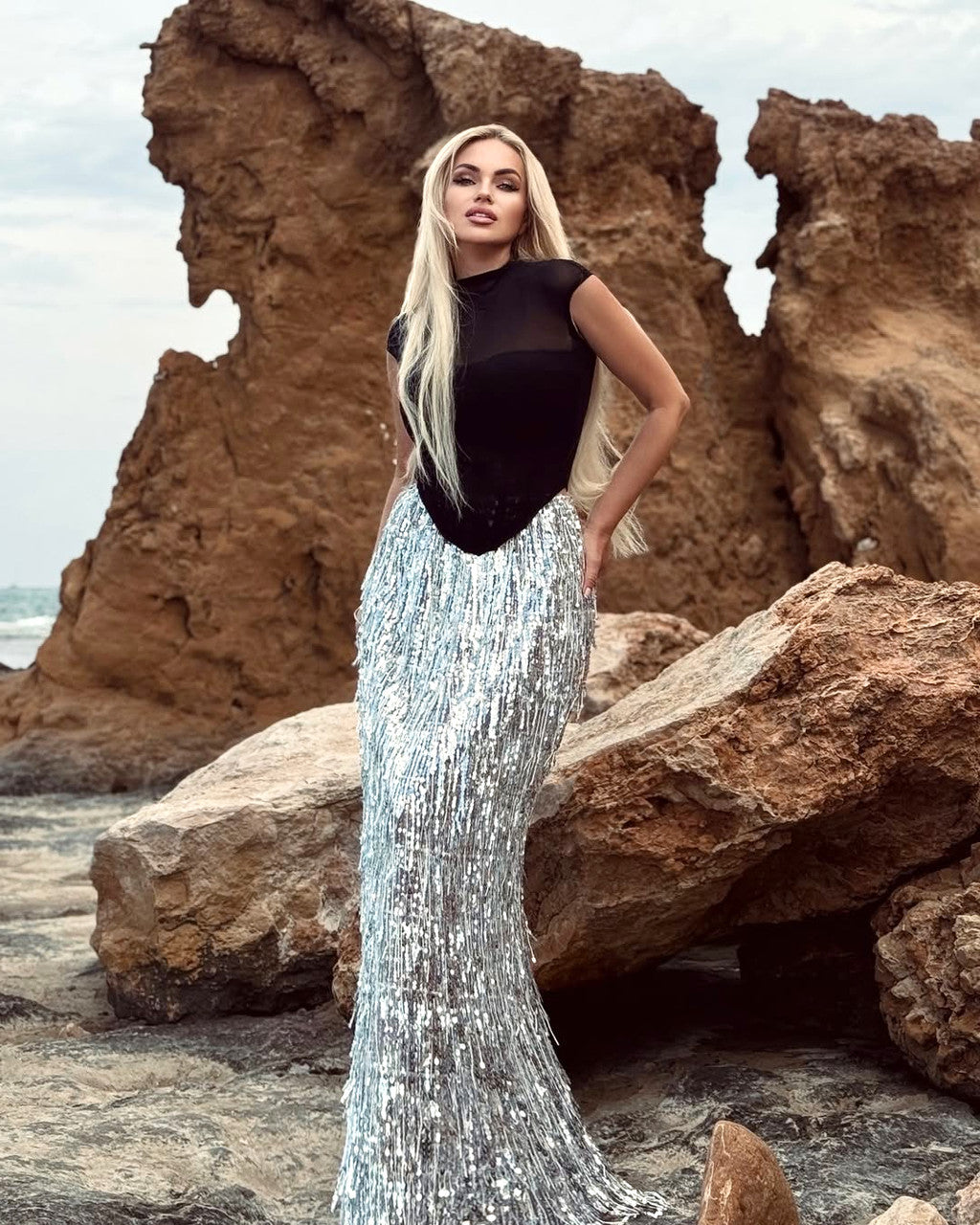 Cap Sleeve Corset Two Piece Maxi Dress Black Silver