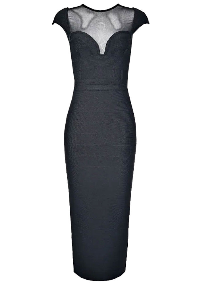 Cap Sleeve Mesh Insert Maxi Dress Black