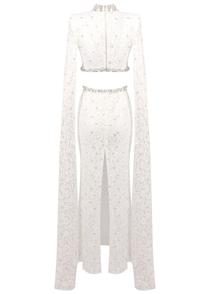 Cape Sleeve Crystal Lace Maxi Dress White