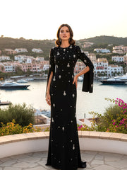 Long Cape Sleeve Crystal Maxi Dress Black