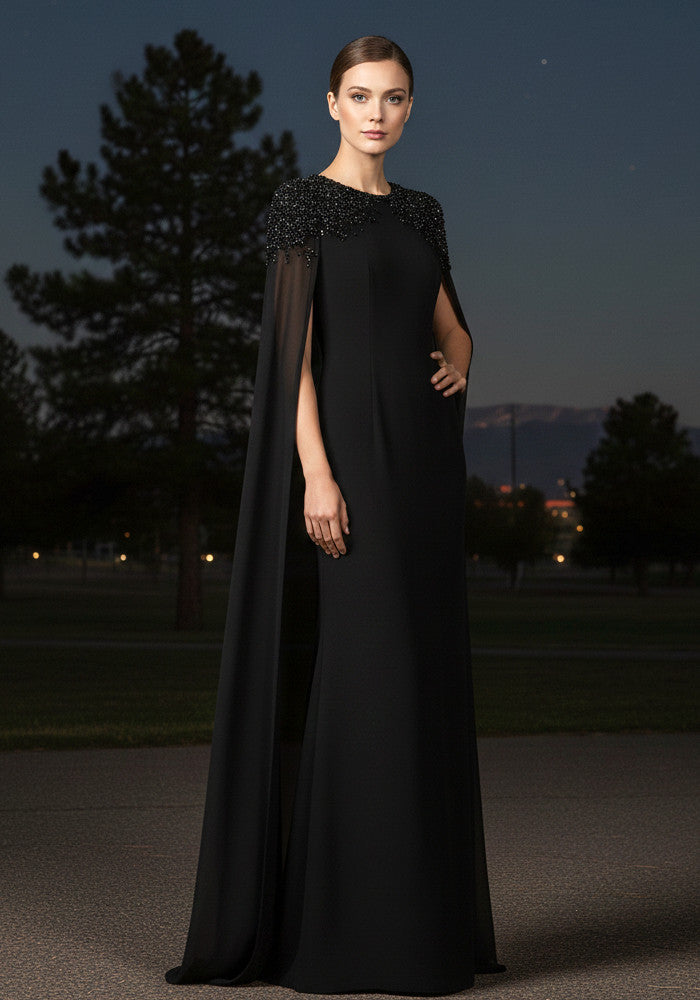 Cape Sleeve Crystal Shoulder Maxi Dress Black