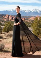 Cape Sleeve Crystal Shoulder Maxi Dress Black