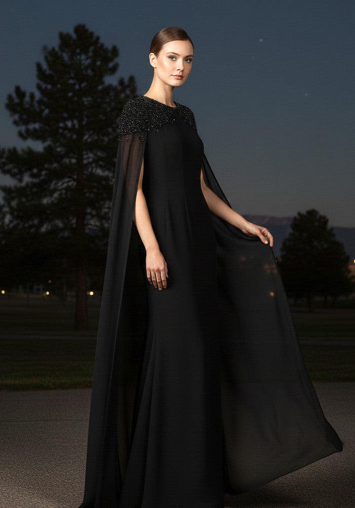 Cape Sleeve Crystal Shoulder Maxi Dress Black