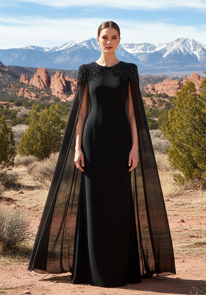 Cape Sleeve Crystal Shoulder Maxi Dress Black