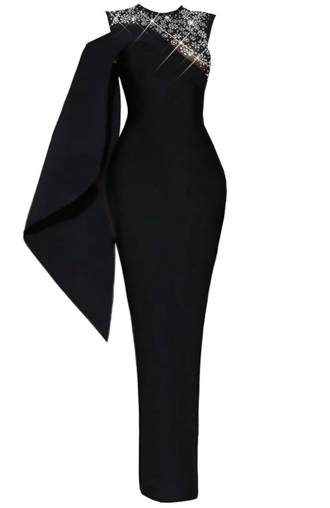 Cape Sleeve Crystal Embellished Maxi Dress Black