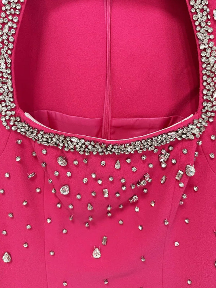 Cape Sleeve Crystal Maxi Dress Hot Pink