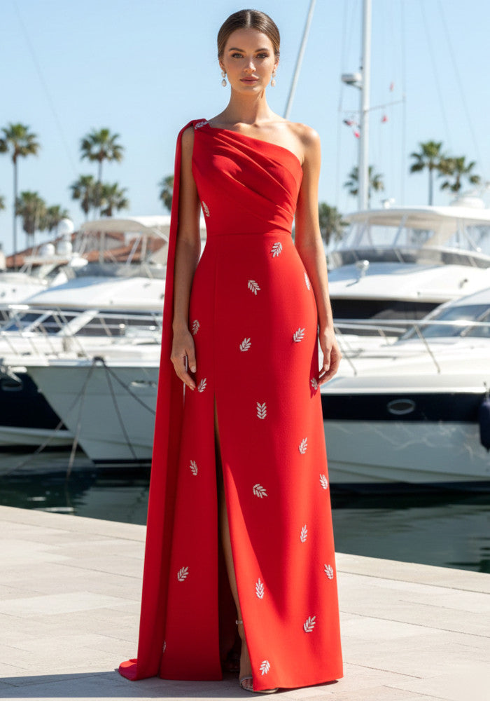 Cape Sleeve Crystal Maxi Dress Red