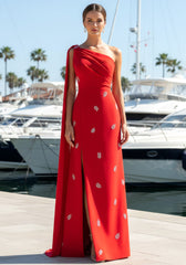 Cape Sleeve Crystal Maxi Dress Red