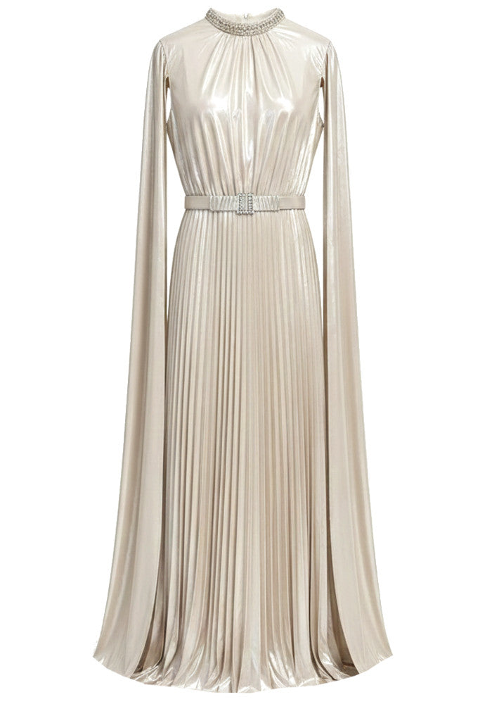 Cape Sleeve Pleated Maxi Dress Champagne