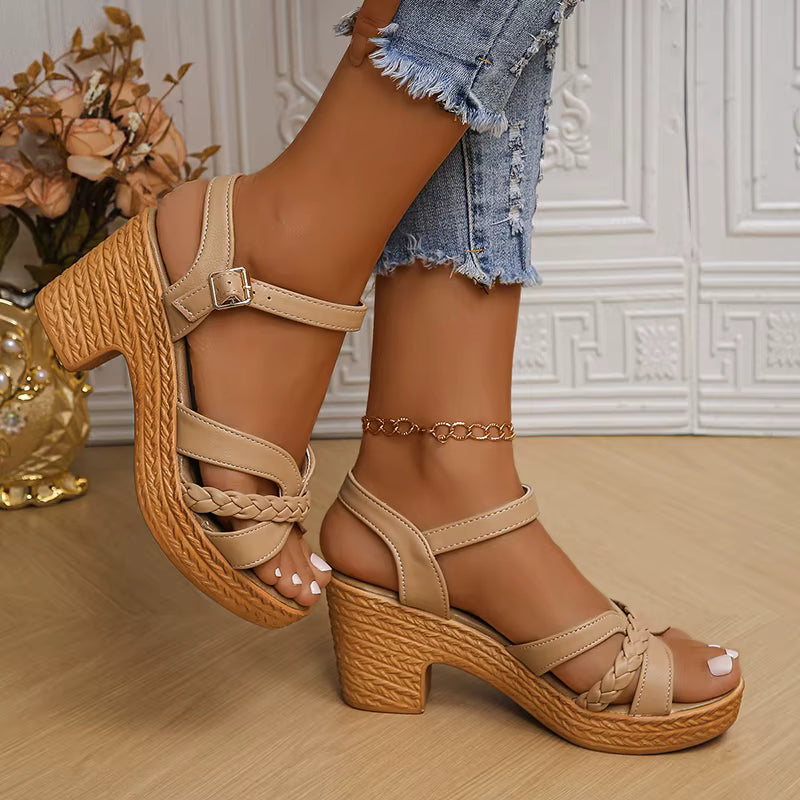 Casual Ankle Buckle Platform Pu Leather Cross-tied Square High Heels