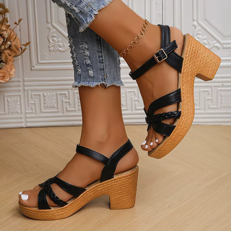 Casual Ankle Buckle Platform Pu Leather Cross-tied Square High Heels