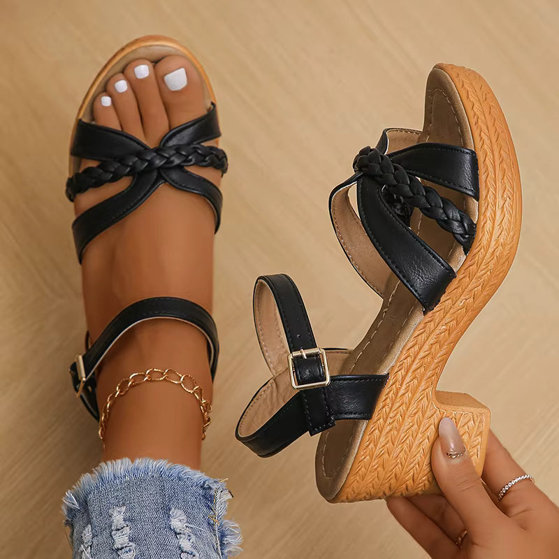 Casual Ankle Buckle Platform Pu Leather Cross-tied Square High Heels